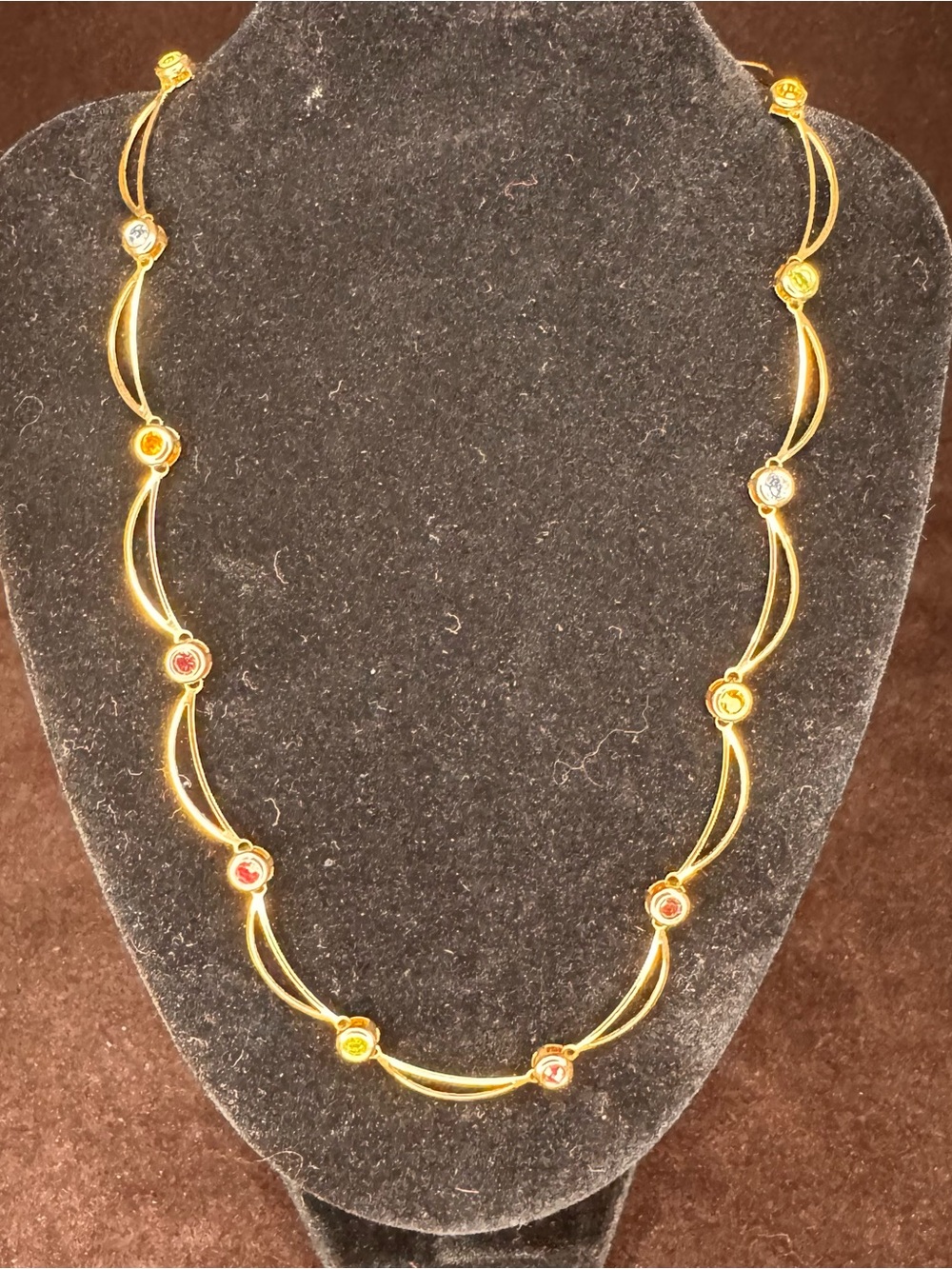 Vintage Lady Remington Multi Color Crystal Station Necklace Gold Tone LR 1980s